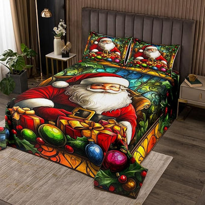 Santa Claus Kids Bedspread Queen Size,Merry Christmas Happy New Year Xmas Coverlet Set,Boys Girls Room Decor,Flowers Leaves Rustic Farmhouse Quilted Coverlet,Red Retro Bedding Quilt,2 Pillowcases