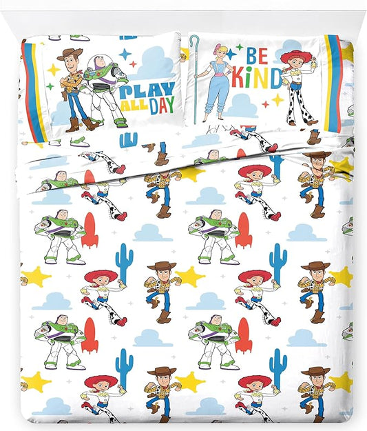 Jay Franco Kids Sheet Set with Fitted, Flat Sheets & Pillow Cover - Ultra-Soft Bedding with Pillowcase for Room Decor, White - Toy Story, 4 Piece Full