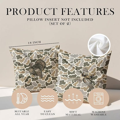 Vintage Camo Turkey Pheasant Throw Pillow Covers 18x18 Set of 2, Turkey Pheasant Hunting Pillowcase, Camouflage Farm Animal Decorative Pillow Covers,Camouflage Wild Animal Decor