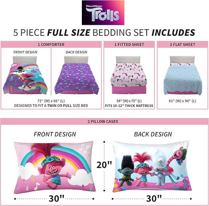 Franco Kids Bedding Super Soft Microfiber Comforter and Sheet Set, 5 Piece Full Size, Trolls World Tour
