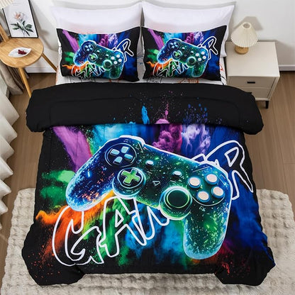 Aimuan Gamer Gaming Bedding Sets 3D Gamepad Comforter Sets for Boys Games Console Action Buttons Novelty Colorful Game Controller Modern Room Decor Home Quilt Set (Black-Green, Twin)