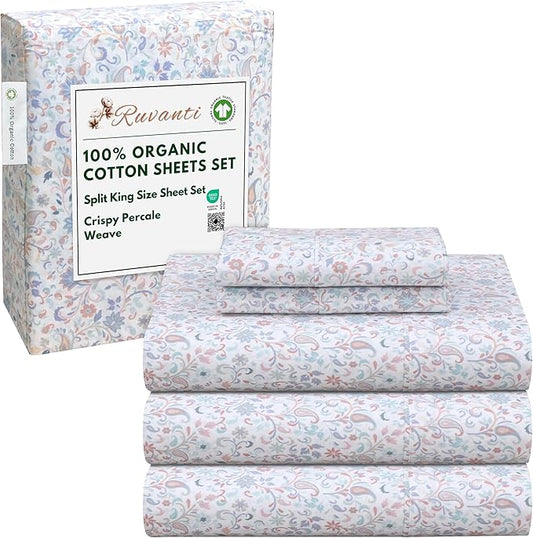 RUVANTI 100% Organic Cotton Sheets Split King, Percale Weave, GOTS Certified, 5-Piece Set, Deep Pocket 15", Crisp & Breathable, Soft Durable Bedding, Sábanas Algodón Orgánico – Multi Paisley