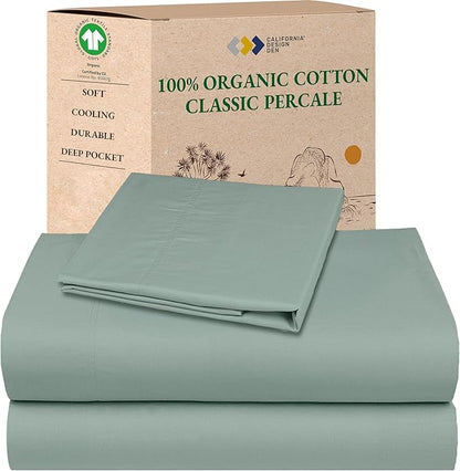 California Design Den Twin Bed Sheets Set - Soft 100% Organic Cotton Percale Sheets, Crisp and Cool, Deep Pockets with Anti-Skid Elastic, Breathable and Durable Bedding Set - Sage Green
