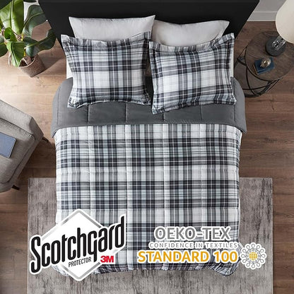 Madison Park Essentials Parkston Plaid Comforter, Matching Sham, 3M Scotchguard Stain Release Cover, Hypoallergenic All Season Bedding-Set, King/California King, Black, 3 Piece