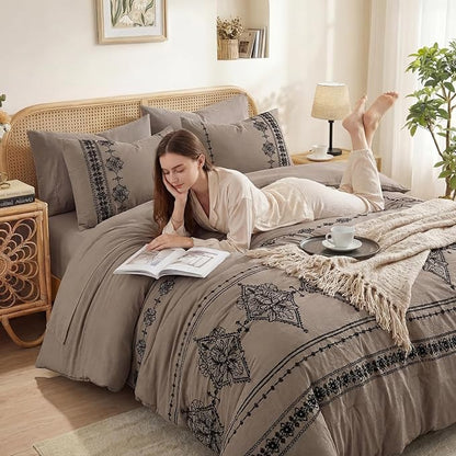MaiRêve Queen Size Comforter Set Taupe Grey, Embroidery Floral Western Boho Bedding Set, All Season 7 Pieces Bed in a Bag with Sheets, Pillowcases & Shams
