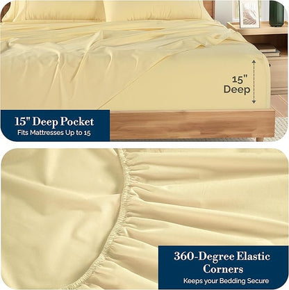 Casa Platino 100% Cotton Percale Sheet Queen – Crisp Queen Size Bed Sheets Cooling with 4 Pillowcases, Ultra Soft & Breathable for Great Nights Sleep, with 15" Deep Pocket Fitted Sheet – Beige