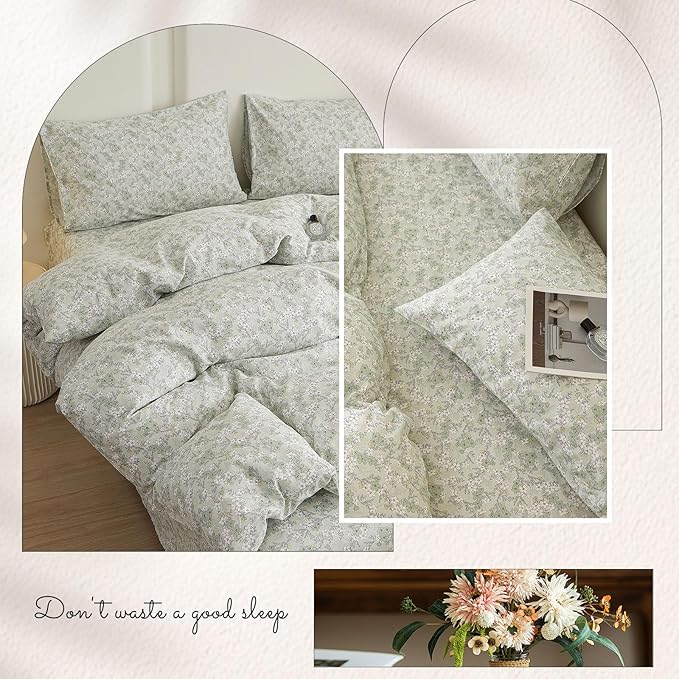 VM VOUGEMARKET Vintage Green Flower Duvet Cover Set Queen Fresh Botanical Bedding Set 100% Cotton Reversible Vintage Comforter Cover with Zipper&Ties
