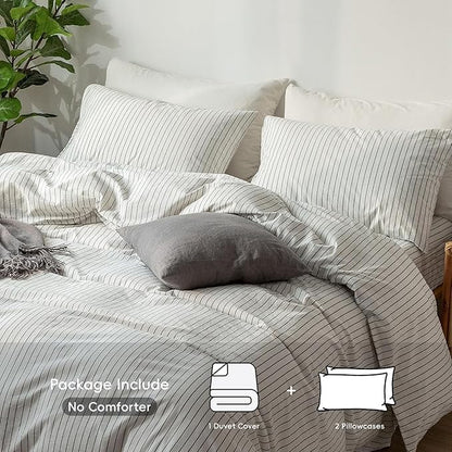 MooMee Striped Duvet Cover Set 100% Washed Cotton Linen Like Textured Breathable Durable Soft Comfy (White Dark Grey Wide Stripes, Oversized Full 82"x86")