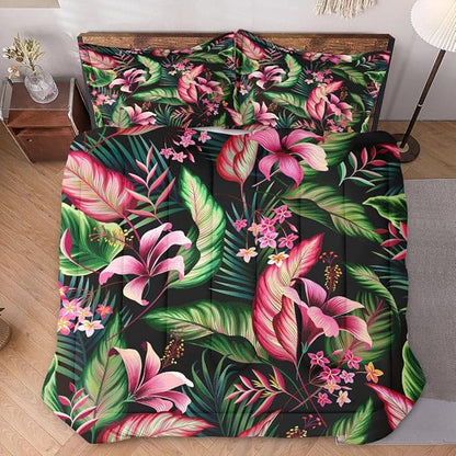 Queen Size Comforter Set with 2 Pillowcases, Tropical Leaves Flower Hibiscus Soft 3 Pcs Bedding for Kids and Adults Bedroom Bed Decor