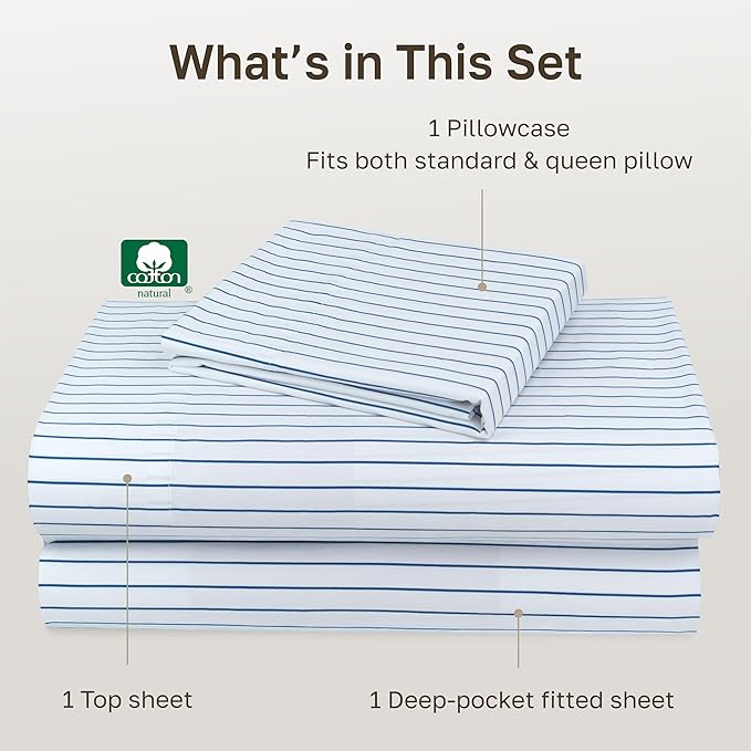 California Design Den Printed Striped Sheets Twin Size Bed Set - 600 Thread Count Sateen, Premium 100% Cotton Sheets with Deep Pockets - Classic Blue Stripe Print