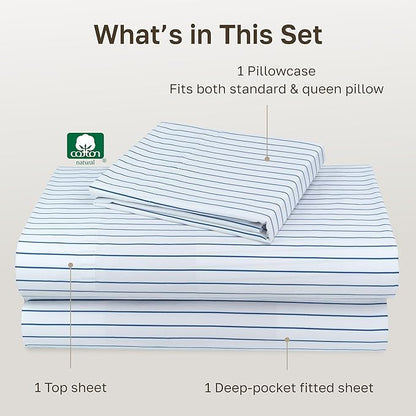 California Design Den Printed Striped Twin XL Sheets Set - 600 Thread Count, 100% Cotton Sateen, Premium Deep Pocket Extra Long Twin Sheets - Classic Blue Stripe Print