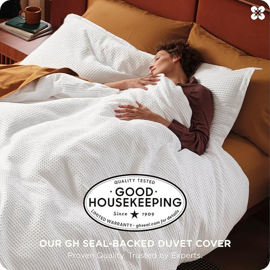 Bedsure Cotton Duvet Cover Set - 100% Cotton Waffle Weave Coconut White Duvet Cover Oversized Queen Size, GentleSoft™ and Breathable Bedding Set for All Season, 3 Pieces, 98"x98"