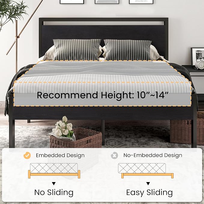 SHA CERLIN Full Size Bed Frame, Wooden Headboard and Footboard, Black Oak | Rounded Corners, 12 Metal Slats, Noise-Free Design, 12-Inch Storage, No Box Spring, 40-Minute Assembly