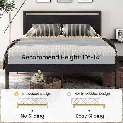 SHA CERLIN Full Size Bed Frame, Wooden Headboard and Footboard, Black Oak | Rounded Corners, 12 Metal Slats, Noise-Free Design, 12-Inch Storage, No Box Spring, 40-Minute Assembly