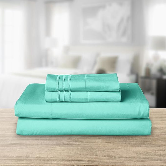 Elegant Comfort Luxurious 1500 Premium Hotel Quality Microfiber Three Line Embroidered Softest 4-Piece Bed Sheet Set, Wrinkle and Fade Resistant, Full, Paradise Teal