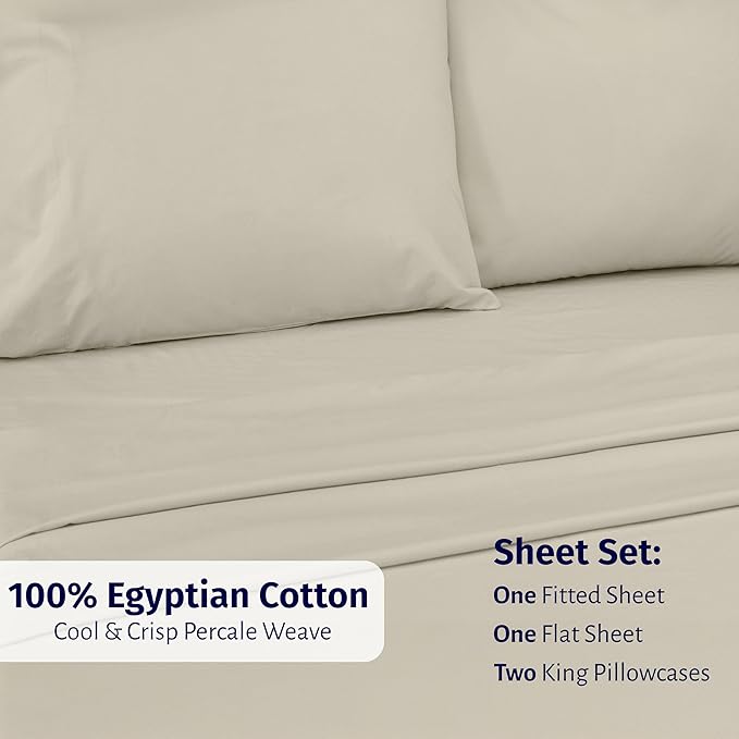 California Design Den Certified 100% Egyptian Cotton Percale Sheets King Size Set - Lightweight, Deep Pocket Bed Sheets Egyptian Cotton Set, Crisp & Durable Luxury Bedding Set - Beige