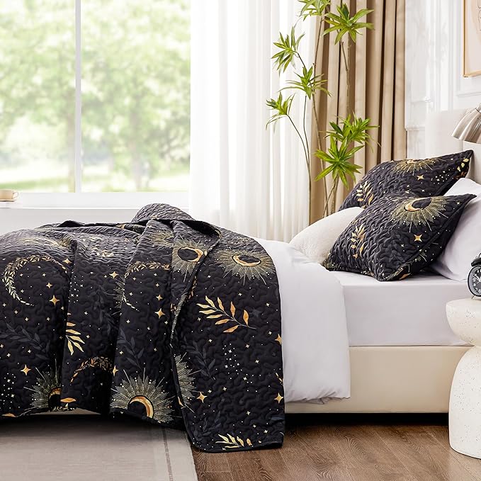 EXQ Home Quilt Set Full Queen Size Black Print 3 Piece,Lightweight Soft Coverlet Modern Style Moon Pattern Bedspread Set(1 Quilt,2 Pillow Shams)