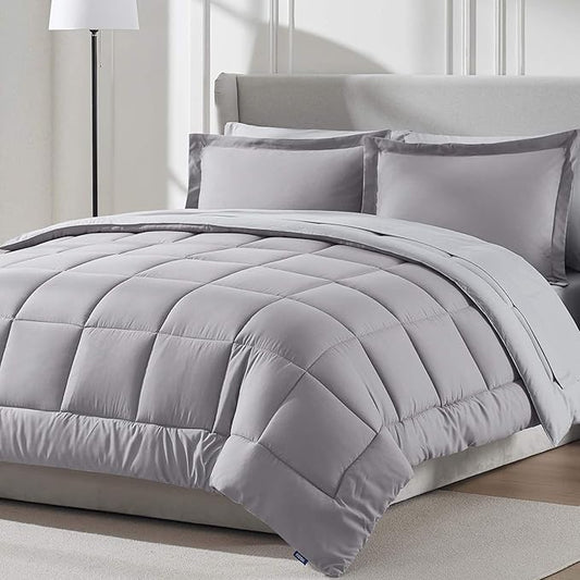 Nestl 7 Piece King Comforter Set – Grey Lavender Reversible Bed in a Bag – Complete King Size Bedding Set with Sheets, Pillowcases and Shams
