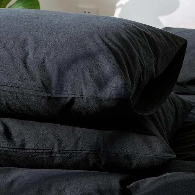 MooMee Bedding Pillowcases Pack of 2 100% Washed Cotton Linen Like Textured Breathable Durable Soft Comfy (Solid Black, King)