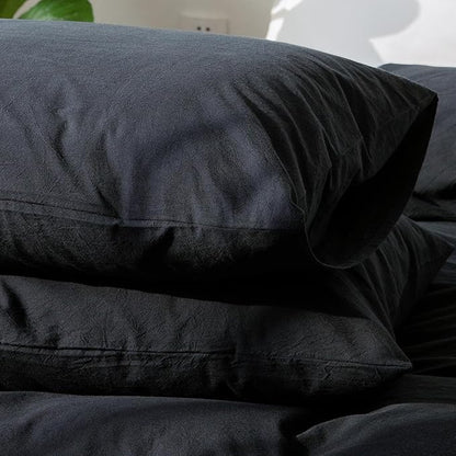 MooMee Bedding Pillowcases Pack of 2 100% Washed Cotton Linen Like Textured Breathable Durable Soft Comfy (Solid Black, King)