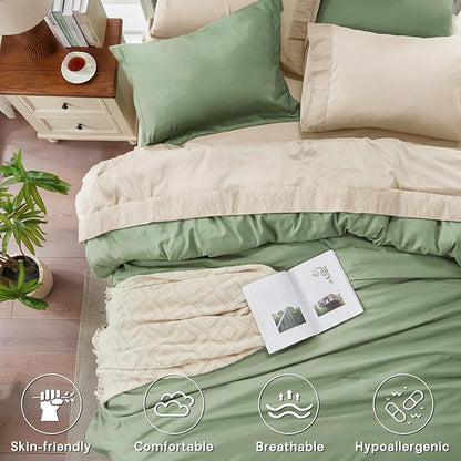 Anluoer Sage and Cream Queen Comforter Set 7 Pieces, Bed in a Bag with Sheets, All Season Bedding Sets with 1 Comforter, 2 Pillow Shams, 2 Pillowcases, 1 Flat Sheet, 1 Fitted Sheet