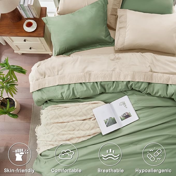 Anluoer Sage and Cream Full Comforter Set 7 Pieces, Bed in a Bag with Sheets, All Season Bedding Sets with 1 Comforter, 2 Pillow Shams, 2 Pillowcases, 1 Flat Sheet, 1 Fitted Sheet