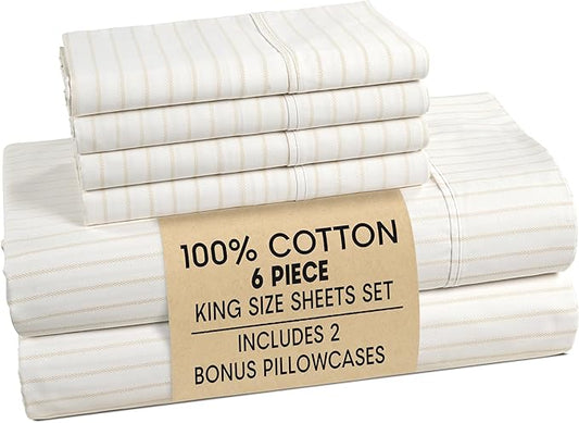 Casa Platino Sheets for King Size Bed – 100% Cotton Sheet Set King Crisp Percale Weave with 4 Pillowcases, with 15" Deep Pocket Fitted Sheet for Secure Fit, Ultra Soft & Breathable – Sandora