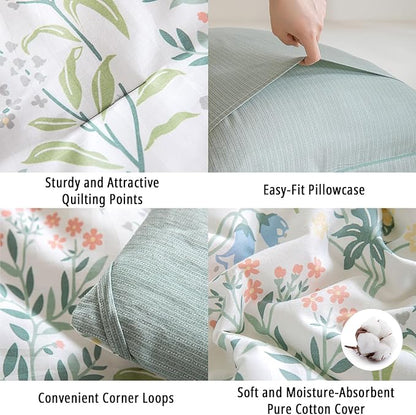 Floral Cotton Comforter King Size - Botanical Wildflower Pattern with Soft Pestel Accents on White, Textured Dusty Green Back, 3PC Lightweight Bedding Set with Down Alternative Fill(104"×90")