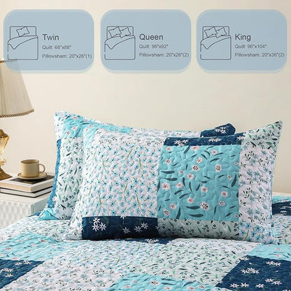 Whale Flotilla Patchwork Quilts Queen Size, Extra Soft Boho Floral Bedspreads for Bed Reversible Lightweight Full Queen Quilt Bedding Set Printed Coverlets with 2 Pillow Shams for All Seasons, Blue