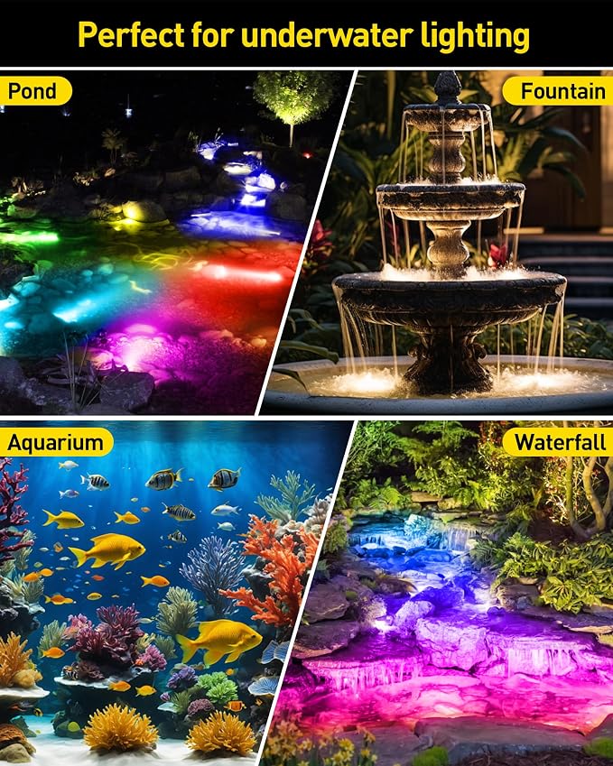 T-SUN Colored Underwater Pond Lights with APP & Remote Control 6 Pack | IP68 Waterproof Submersible Fountain Lights, Dimmable Timer Pond Lights Led Underwater for Outdoor Pond Fish Aquarium Garden