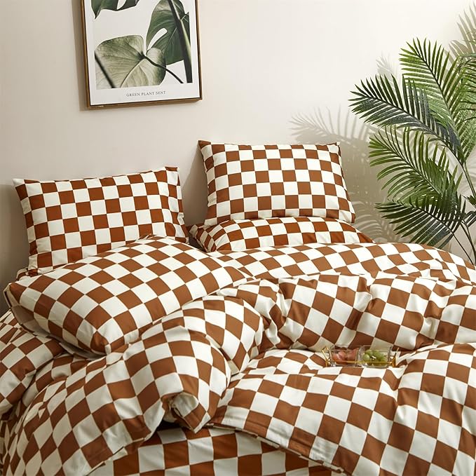 Houseri Brown Plaid Comforter Set Twin Size White and Camel Grid Bedding Comforters Twin Boys Girls Kids Modern Pumpkin Checkerboard Dorm Bed Comforter Preppy Buffalo Checkered Twin Comforter Sets