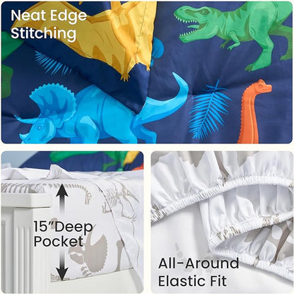 Joiedomi Kid Full Comforter Set 7 Piece Dinosaur Bedding Set for Boys Girls Super Soft Microfiber Bed in a Bag with Comforter Sheets Pillowcase Sham