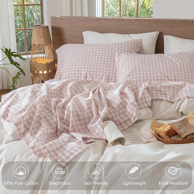 MooMee Gingham Sheet Set 100% Washed Cotton Linen Like Textured Breathable Soft w/Fully Elasticized 16-19" Deep Pocket (Classic Gingham Greyish Pink, Queen)