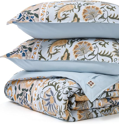 Bedsure Duvet Cover Queen Size - 100% Cotton Reversible Classic Frame Bordered Duvet Cover Set, 3 Pieces Soft & Breathable PureWoven Bedding Set with 2 Pillow Shams (Vintage Blue Boho 90"x90")