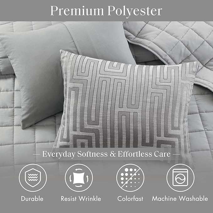 Madison Park Queen Comforter Set Jacquard Metallic Thread Comforters Queen Size Bed, All Season Comforter & Quilt Bedding Set Queen Size Comforter, Decor Pillows, Shams, Royce, Queen Grey 5 Piece