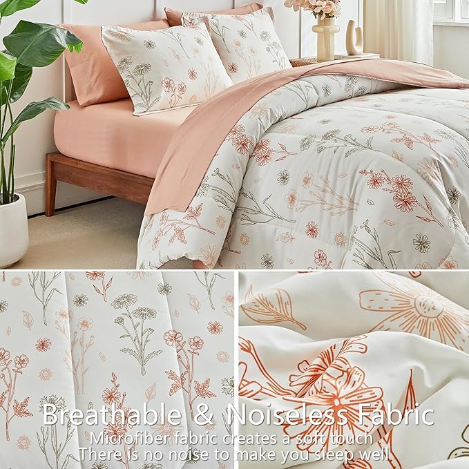AIKASY Bed in a Bag 7 Pieces - Floral Print - Soft Microfiber, Reversible Bed Comforter Set (1 Comforter, 2 Pillow Shams, 1 Flat Sheet, 1 Fitted Sheet, 2 Pillowcases) (Sea Green, King)…
