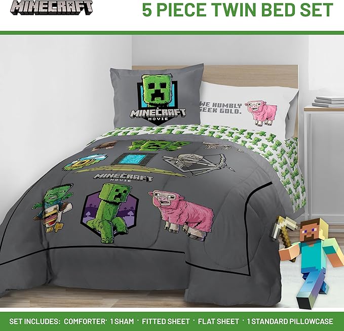 Jay Franco Kids Comforter Set Includes Sheets and Pillow Covers - Soft and Cozy Bed Set for Stylish Room Decor, Grey - Minecraft Movie, 5 Piece Twin Size Bedding