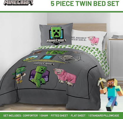 Jay Franco Kids Comforter Set Includes Sheets and Pillow Covers - Soft and Cozy Bed Set for Stylish Room Decor, Grey - Minecraft Movie, 5 Piece Twin Size Bedding