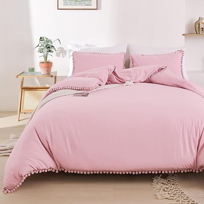 YIRDDEO Queen Comforter Set - Comforter Queen Size Sets with Ball Pom Fringe, Soft Bedding Set for All Seasons - 3 Pieces, 1 Comforter (90"x90") & 2 Pillow Shams (20"x26"), Dust Pink