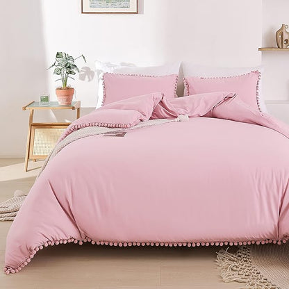 YIRDDEO Queen Comforter Set - Comforter Queen Size Sets with Ball Pom Fringe, Soft Bedding Set for All Seasons - 3 Pieces, 1 Comforter (90"x90") & 2 Pillow Shams (20"x26"), Dust Pink
