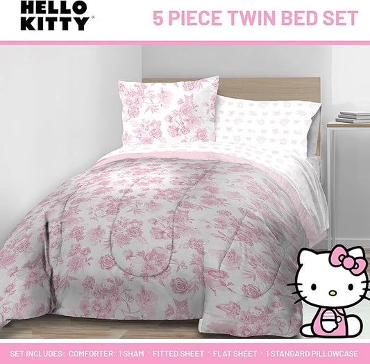 Jay Franco Comforter Set Includes Sheets and Pillow Covers - Soft and Cozy Bed Set for Stylish Room Decor, Official Licensed Product, Multi - Hello Kitty, 5 Piece Twin