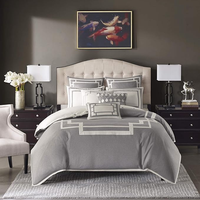 Madison Park Signature Cozy Comforter Set - All Season Bedding Combo Filled Insert and Removable Duvet Cover, Shams, Decorative Pillows, Queen (92 in x 96 in), Elegance Grey 9 Piece