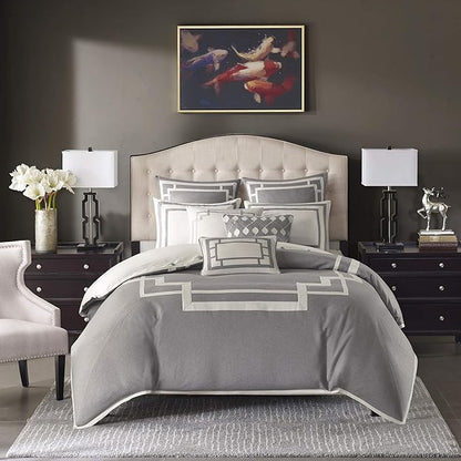 Madison Park Signature Cozy Comforter Set - All Season Bedding Combo Filled Insert and Removable Duvet Cover, Shams, Decorative Pillows, Queen (92 in x 96 in), Elegance Grey 9 Piece