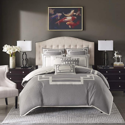 Madison Park Signature Cozy Comforter Set - All Season Bedding Combo Filled Insert and Removable Duvet Cover, Shams, Decorative Pillows, Queen (92 in x 96 in), Elegance Grey 9 Piece