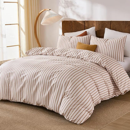 Merryword Striped Duvet Cover Set King Size 3 Pieces 100% Cotton Duvet Cover Set with Beige and Terracotta Vertical Stripe Design,Soft Lightweight Reversible Bedding Set for All Seasons