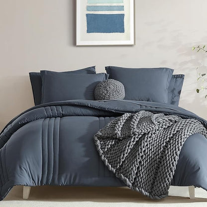 Monbix Super King Size Comforter Set - 7 Pieces Blue Gray Bed in a Bag Super King Bedding Sets with Comforters, All Seasons Comforter Bed Set with Sheets,Pillowcases & Shams