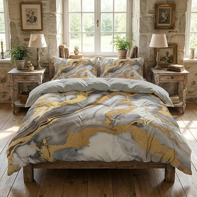 Abstract Marble Print Comforter Set Twin Size, 2 Pieces Modern Abstract Bedding Set with 1 Pillowcase for All Seasons(Gilrs Kids Boys),68"x86"