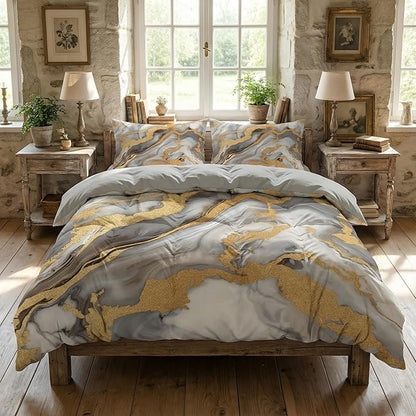 Abstract Marble Print Comforter Set Twin Size, 2 Pieces Modern Abstract Bedding Set with 1 Pillowcase for All Seasons(Gilrs Kids Boys),68"x86"