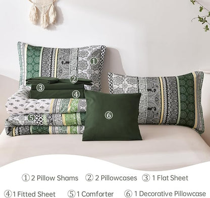 Cottolester Boho Comforter Set King Size,8 Pieces Dark Green Bohemian Striped Bed in a Bag,Paisley Soft Microfiber Bedding Comforter Set