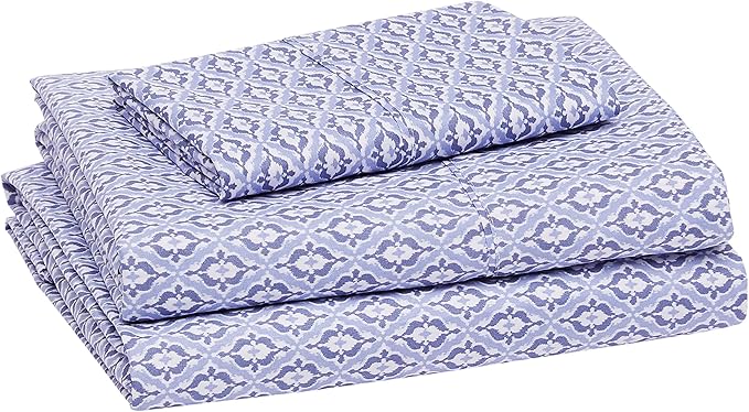 Amazon Basics Lightweight Super Soft Easy Care Wrinkle-Free Breathable Brushed Microfiber 3-Piece Bed Sheet Set with 14-Inch Deep Pockets, Twin, Blue Damask, Printed